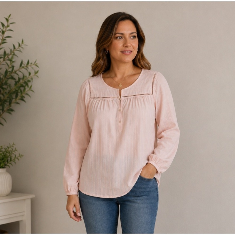Talbots Blouse Women Medium‎ Pink Long Sleeve Cotton Ladder Trim Henley Textured